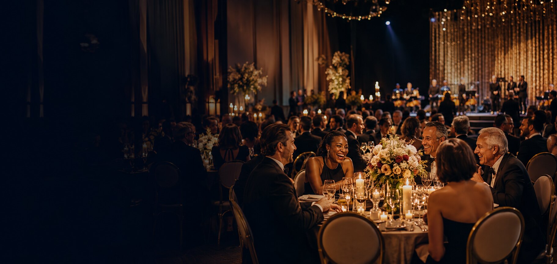 Invités réunis lors d’un gala élégant organisé dans une salle chaleureuse